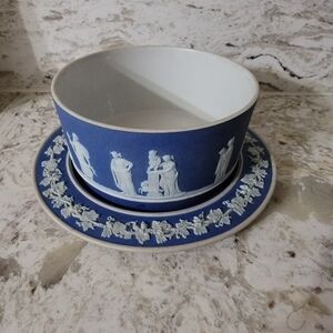 Antique Wedgwood Blue Jasperware Bowl and Saucers with Mythological Classical